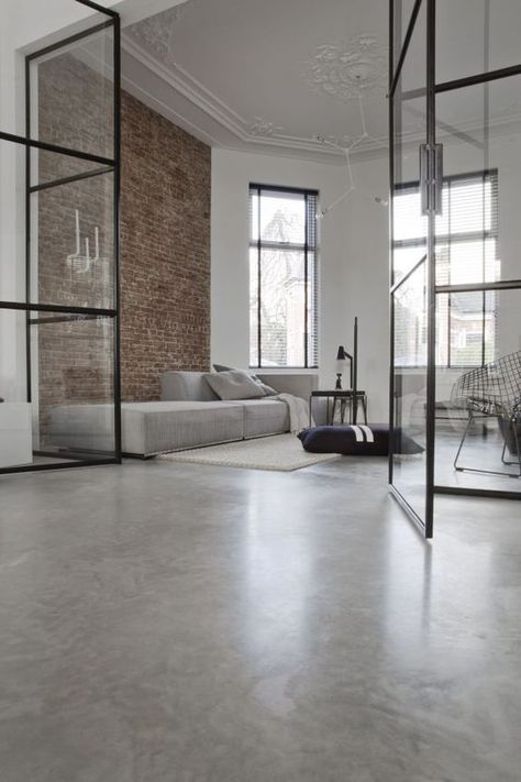 concrete flooring- light polish Loft Concrete Floor, Indoor Concrete Floor Ideas Basement, Concrete Houses Interior, Beton Floor, Concrete Floors Living Room, Concrete Floors In House, Loft Flooring, Loft Designs, Concrete Interiors