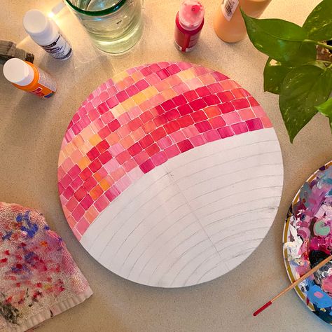 Circle Canvas Painting Disco Ball, Acrylic Painting Room Decor, Acrylic Disco Ball, How To Paint A Disco Ball On Canvas, Disco Ball Mural, Disco Ball Watercolor Painting, Mirrorball Pottery Painting, Blue Disco Ball Painting, Disco Ball Pottery Painting