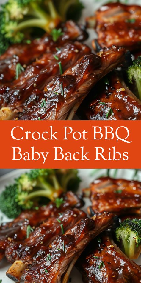 Enjoy delicious BBQ baby back ribs made in the crock pot. Simple ingredients and slow-cooked to perfection! Bbq Ribs In Slow Cooker, Crock Pot Pork Ribs Recipe, Rib Recipes In Crockpot, Slow Cooked Ribs Crockpot, Crock Pot Ribs Easy, How To Cook Ribs In Crockpot, Ribs In Crockpot Easy, Crock Pot Pork Ribs Slow Cooker, Crockpot Bbq Ribs Recipes