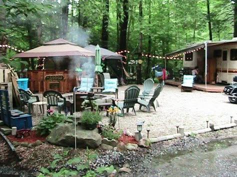 Rv Deck Ideas, Seasonal Campsite, Rv Deck, Campsite Decorating, Campsite Setup, White Pines, Rv Lots, Rv Campsite, Camping Resort