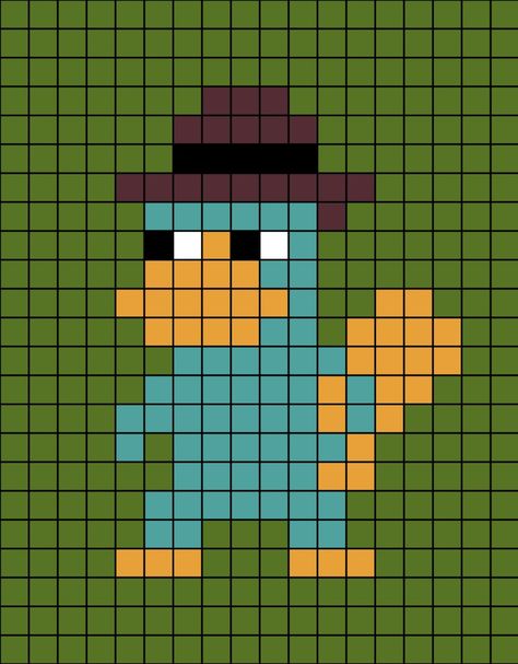 A pixel art template of Perry the Platypus as Agent P from Phineas and Ferb. Pixel Art Pattern Simple, Phineas And Ferb Crafts, Perry The Platypus Pixel Art, Phineas And Ferb Pixel Art, Gravity Falls Pixel Art Grid, Phineas And Ferb Crochet, Pixel Art With Grid, Gravity Falls Perler Beads, Phineas And Ferb Poster