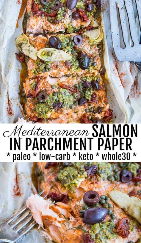 Salmon In Parchment Paper, Salmon In Parchment, Mediterranean Salmon, Paleo Fish, Keto Healthy, Easy Mediterranean Diet Recipes, Easy Dinner Recipe, Paleo Dinner, Sun Dried Tomatoes