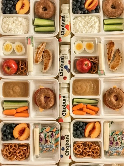 Meal prep ideas for kids #foodie #backtoschool #meal prep #school #kids #kidslunch #schoollunch #chobani #uncrustable #pb&j #peaches #pretzels #carrots #cucumbers #eggs #applesauce #apples #cottagecheese #wholegrain #bagels #grilledchicken #chickentenderloin #blueberries #fruits #cheesesticks School Meal Prep, Camping Lunch Ideas, Quick School Lunches, Filet Mignon Chorizo, Kids School Lunch, Kids Lunch Box Meals, School Meal, Easy School Lunches, Healthy Packed Lunches