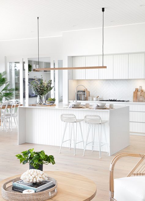 New Hamptons Style Kitchen, Dining Room With Open Kitchen, White And Light Timber Kitchen, Modern Coastal Cabinets, Coastal Open Floor Plan, Coastal Hampton Kitchen, White And Timber Interior, Kitchen White And Timber, White Kitchen Timber Floor