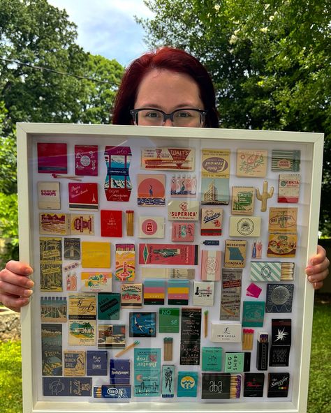 My newest and largest matchbook art shadowbox to date, and she’s all for me 💕 took most of my collection and turned it into a one of a kind, fun and colorful piece of art ✨ #Artist #artistsofinstagram #artistsoninstagram #wallart #walldecor #homeart #homedecor #uniquehomedecor #dopaminedecor #oneofakindart #funkyaesthetic #funartwork #matchbookart #matchbookdecor #matchbooks #matchbox #matches #mixedmediaart #handmade #handmadehomedecor #handmadehomegoods Matchbook Shadow Box Art, Matchbox Art Diy, Match Box Art Matchbox Crafts, Matchbook Art Ideas, Matches Display, Matchbook Crafts, Framed Matchbooks, Match Book Art, Shadowbox Ideas Diy