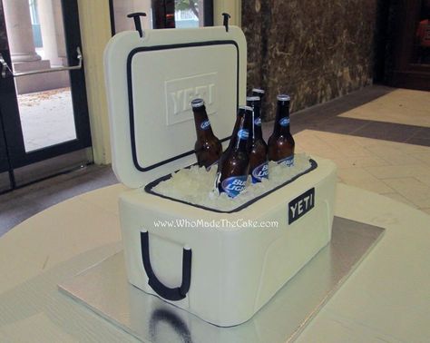 Yeti cooler groom's cake by www.WhoMadeTheCake.com. #yetigroomscake Cake With Beer, Yeti Cake, John Cake, Wedding Table Snacks, Cooler Cake, Fishing Cakes, Wedding Snack, Jewel Cake, Groom Cakes