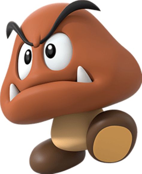 Goombas (クリボー, Kuriboh) are one of the most common and recurring enemies in the Mario franchise. They have first appeared in Super Mario Bros.. Goombas are depicted as brown mushroom-like creatures with two dark brown feet and no visible arms or legs. Goombas have bushy, black eyebrows and a pair of fangs sprouting from their lower jaw, although are never shown to use them. Goombas take inspiration from the real-world shiitake, a type of mushroom. In The Legend of Zelda: Link's Awakening, ... Goomba Mario, Mario Goomba, Super Mario Characters, Mario Kart Ds, Mario Kart 7, Link's Awakening, Super Mario Sunshine, King Koopa, Sculpting Ideas