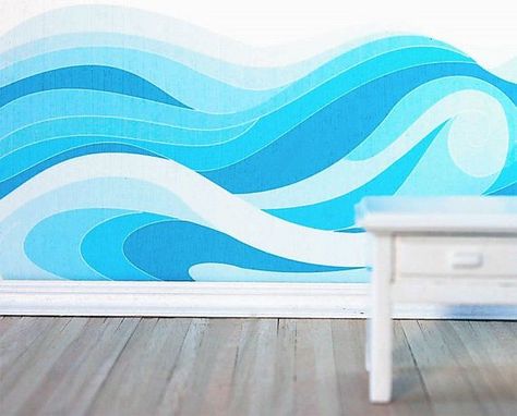 Mural Ocean, Paint Waves, Mural Pattern, Ocean Mural, Wave Stencil, Beach Wall Murals, Beach Mural, Wall Murals Diy, Entryway Door