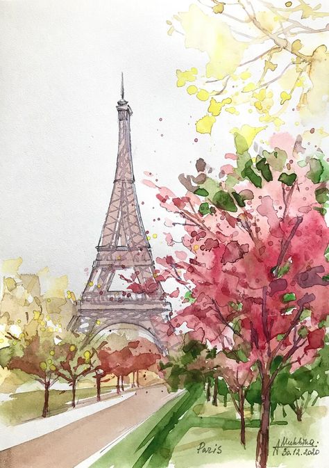 Watercolor Paris Easy, Watercolor Architecture Sketches, Paris Painting Easy, Aesthetic Watercolour, Eiffel Tower Watercolor, France Watercolor, Watercolor Paris, Paris Watercolor, Creative Book Cover Designs