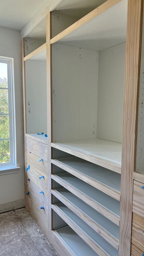 Ikea Closet Insert, Walk In Closet Hacks, Built In Closet Drawers, Built In Closet Wall Bedroom, Storage Bin Makeover, Dresser Top Organization Ideas, Ikea Pax System, Walk In Closet Ikea, Pax Hack