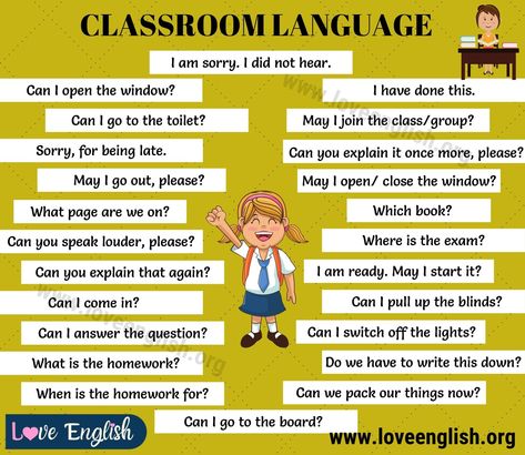 Classroom Language: 29 Useful Classroom English Expressions for ESL Students - Love English English Conversation Worksheets, Classroom English, English Conversation For Kids, Speaking Activities English, English For Students, English Conversation Learning, English Expressions, English Language Learning Grammar, English Conversation