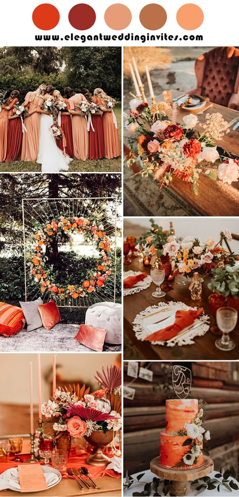 Rust Wedding Decor Color Palettes, Red Fall Wedding Theme, Fall Wedding Colors Pink, Red And Orange Wedding Theme, Rust Red Wedding, Rust Wedding Color Colour Palettes, Cinnamon Wedding Color Scheme, Rust And Blush Wedding, Sunset Terracotta Wedding