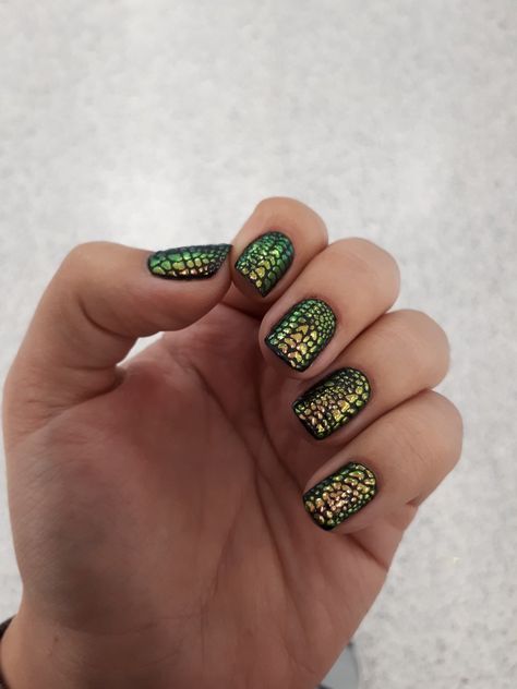 Oil Slick Chrome Nails, Dragon Scales Nail Art, Dragon Nails Designs Short, Dragon Scale Nail Art, Short Dragon Nails, T Rex Nails, Dragon Egg Nails, Short Black And Green Nails, Hand Painted Nail Art Creative