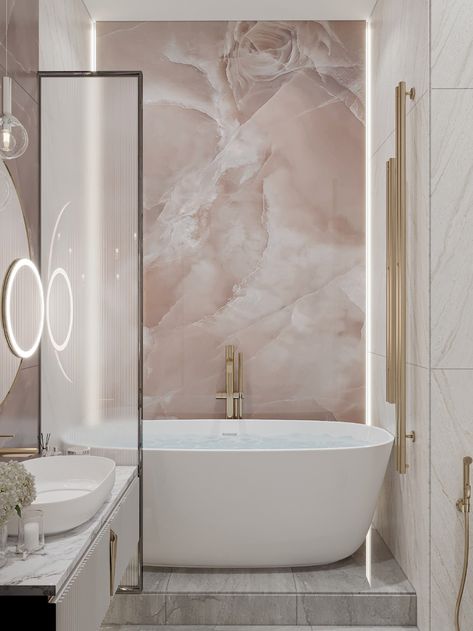 | PINK BAHTROOM | on Behance Pink Marble Shower Walls, Marble Pink Bathroom, Bathroom Pink Marble, Pink Marble Bathroom Ideas, Pink Luxury Bathroom, Pink Quartz Bathroom, Pink Modern Bathroom, Pink Onyx Bathroom, Rose Quartz Bathroom