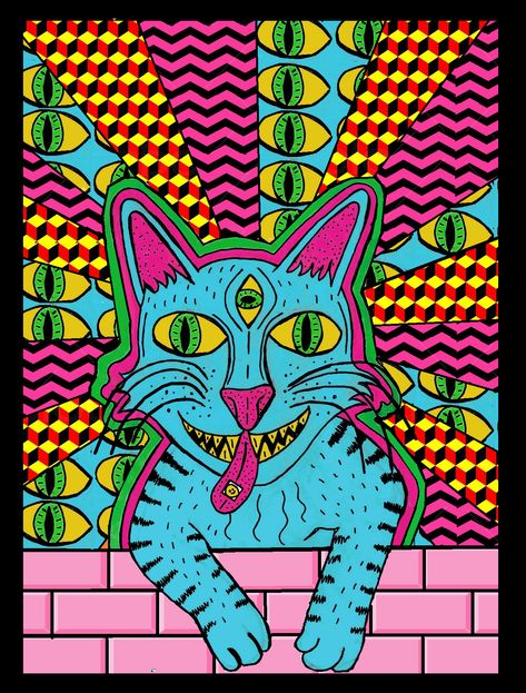 Trippy Cat Wallpaper, Tela, Trippy Cat Drawing, Trippy Animal Art, Trippy Cat Painting, Trippy Cat Art, Trippy Background Drawing, Cat Pen Drawing, Trippy Pfp