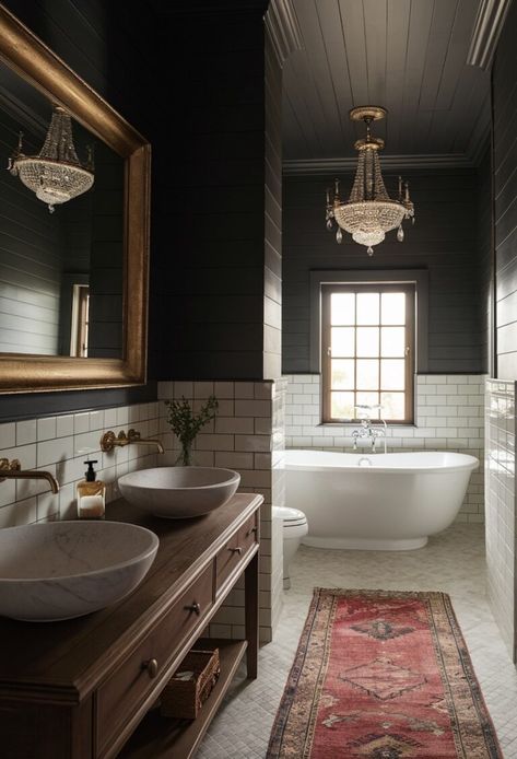 26+ Moody Bathroom Ideas That Are Elegant & Dreamy (2024) Dark Ceiling Bathroom Ideas, Redo Master Bath, Tudor Revival Bathroom, Moody Bathroom With White Tile, Small Chic Bathroom Ideas, Modern Victorian Powder Room, Clawfoot Tub Bathroom Master Bath, Cozy Moody Bathroom, Traditional Victorian Bathroom