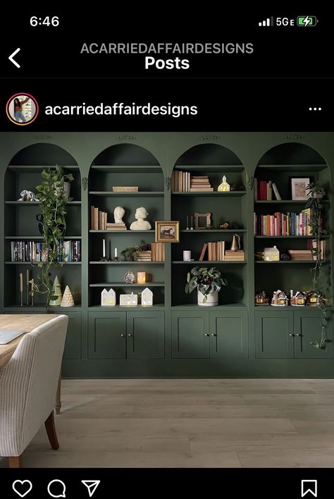 Green Arched Bookcase, Deep Green Bookshelves, Round Bookshelf Wall, Forest Green Bookshelf, Dark Green Built In Bookcase, Olive Green Bookshelf, Arched Library Wall, Sage Bookshelf, European Bookshelf