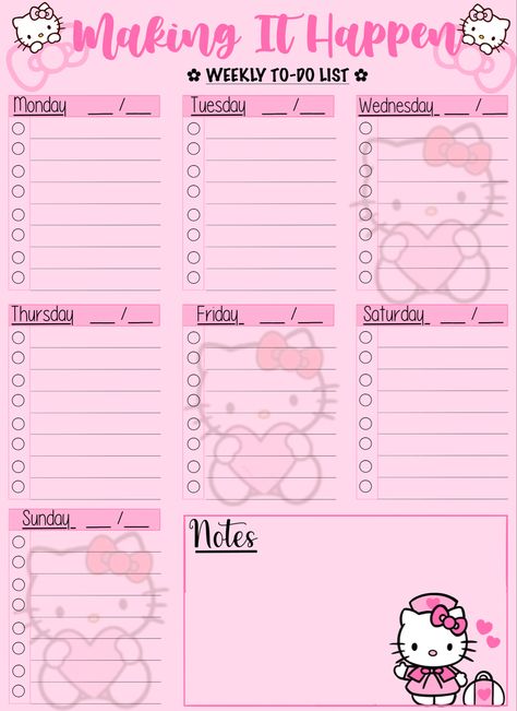 Sanrio School Printables, Chart Template Aesthetic, Sanrio To Do List, Hello Kitty Weekly Planner, Sanrio Weekly Planner, Hello Kitty Schedule, Hello Kitty Planner, Hello Kitty School, Cute Daily Planner