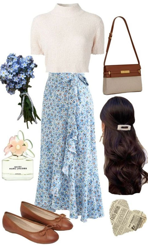 easter outfit: white sweater and floral skirt Summer Breezy Outfits, Conservative Summer Outfits For Women, Modest Outfits Work, Modest European Fashion, Soft Feminine Outfits Modest, Modest Outfits Inspiration, Outfit Church Ideas, Moderately Modest Outfits, Christian Outfits Summer