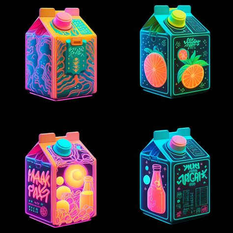 Cyberpunk Food, Halloween Cyberpunk, Japanese Fruit, Tech Tattoo, Fruit World, Milk Cartons, Rave Gear, Food Branding, Drink Labels