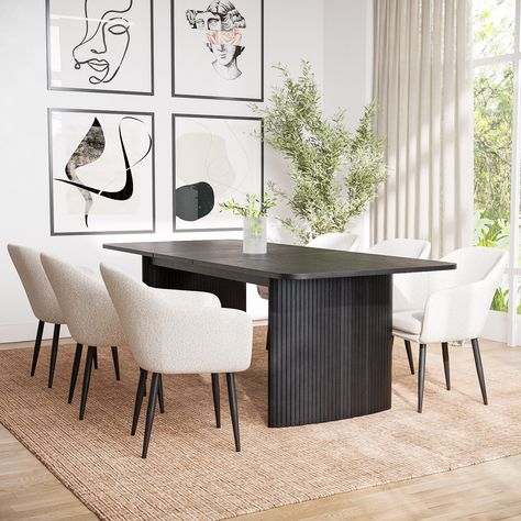 Cream Dining Room, Boucle Chairs, Boucle Dining Chairs, Beige Dining Room, Extendable Dining Table Set, Chaise Beige, Black Dining Chairs, Black Dining Room, Dinner Room