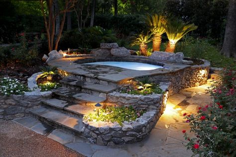 Hot Tub With Plants Around, Hot Tub Natural Landscape, Inground Spas Hot Tubs, Hot Tubs Outdoor, Hot Tub Backyard Landscape, Inground Jacuzzi Outdoor, In Ground Hot Tub Ideas Backyard, Inground Jacuzzi, Inground Hot Tub Ideas