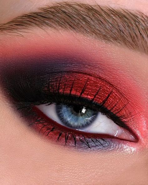 Grey And Red Makeup Looks, Red And Black Ombré Lips, Red And Black Vampire Makeup, Red Metallic Eye Makeup, Vampire Makeup Blue Eyes, Goth Red Makeup Looks, Red Gothic Makeup Look, Smokey Red Eyeshadow, Vamp Look Make Up