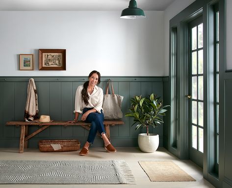 Green Farmhouse Entryway, Green Wainscoting Entryway, Joanna Gaines Mudroom, Joanna Gaines Entryway Foyers, Joanna Gaines Interiors, Joanna Gaines Green Kitchen Cabinets, Green Mudroom Bench, Magnolia Homes Exterior Color Schemes, Magnolia Home Interiors