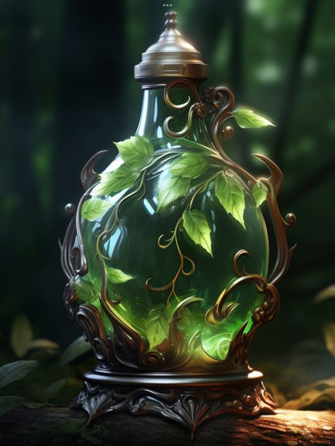 Magical Items Aesthetic, Magic Items Fantasy Art, Magic Powers Art, Potion Aesthetic, Dnd Green, Fantasy Bottle, Fantasy Potion, Magical Item, Magical Potion