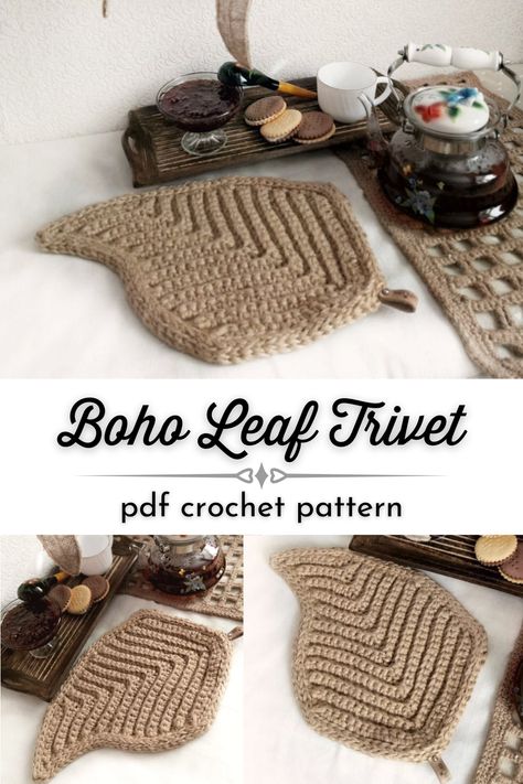 Crochet Leaf Potholder, Crochet Leaf Pillow Pattern, Round Trivet Crochet Pattern, Crochet Pot And Pan Protectors, Crochet Plant Coaster With Pot, Pot Coaster Crochet, Knitted Macrame Trivet Pattern Free, Crochet Trivet Free Pattern, Crochet Home Decor Patterns Free