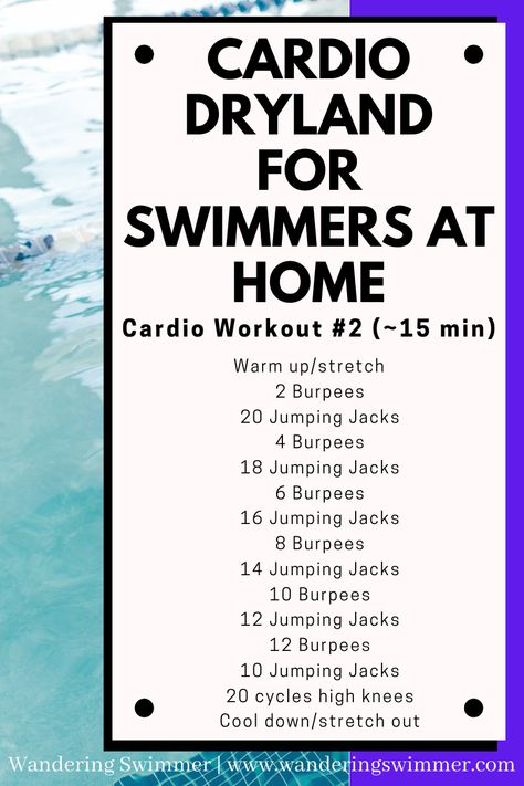 Swimming is all about cardio. Make sure you keep your heart rate up when working out at home or away from the pool. Combining burpees and jumping jacks gives a full body and cardio burning workout for swimmers (or anyone)! Swimmers Exercises Fitness, Swimming Land Training, Workout For Swimmers At Home, Swimming Conditioning Workout, Swimming Workout Dryland, Land Workouts For Swimmers, Swimmers Dryland Workout, Swimming Exercises Workout At Home, Swimmers Workout Exercises