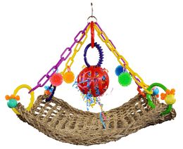 What a great toy.  A woven sea grass mat to hold any toy or treat your Bird loves.  Shredding fun with the crinkly paper in the suspended wiffle ball.  Lots of chewing pieces. Bird Play Gym, Flying Trapeze, Diy Bird Toys, Puffins Bird, Sun Conure, Diy Birds, Parrot Toys, Play Gym, How To Make Toys