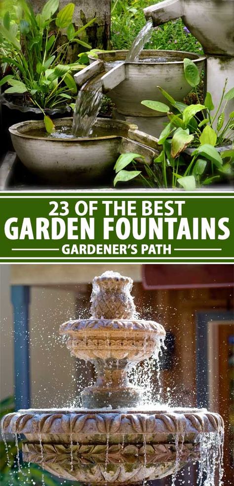 Nothing complements a landscaped outdoor space like a good fountain. We’ve put together an overview of the best models sold by excellent craftsmen for you to consider. Prepare to immerse yourself in fine design, because it’s fountain time at Gardener’s Path. Read more now. #gardenerspath #gardenfountains #waterfeatures Small Garden Fountain Ideas, Small Garden With Fountain, Landscape With Fountain, Outdoor Fountains Landscape, Outdoor Fountain Ideas, Yard Water Fountains, Garden Fountains Outdoor, Backyard Water Fountains, Yard Fountain