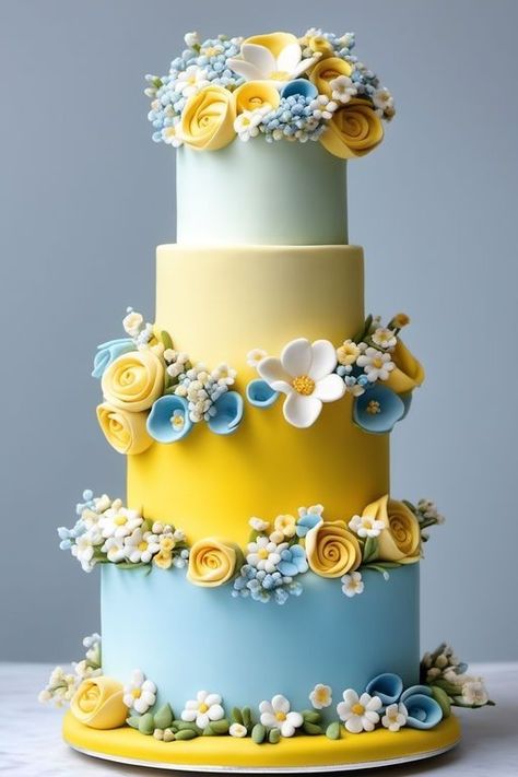 Yellow Blue Wedding Cake, Fondant Cake Designs Ideas, Enchanted Garden Cake, Floral Cake Birthday, Garden Cake, Birthday Cake Decorating Ideas, Fondant Cake Designs, Wedding Cake Alternatives, Flower Cakes