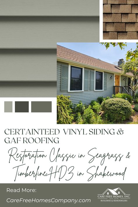 Vinyl Siding Company and Roofing Company Serving Cape Cod, MA Certainteed Sea Grass Vinyl Siding, Certainteed Seagrass Vinyl Siding, Seagrass Siding House, Certainteed Vinyl Siding Color Schemes, Seagrass Siding, Certainteed Siding Colors, Vinyl Siding Color Schemes, Mastic Vinyl Siding, Gaf Roofing