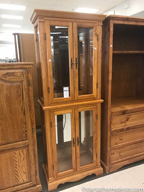 Curio Cabinet To Liquor Cabinet, Display Case Makeover, Redone Curio Cabinet, Refurbished Display Cabinet, Oak Curio Cabinet Makeover, Curio Makeover, Modern Curio Cabinet Ideas, Repurpose Curio Cabinet Ideas, Repurposed Curio Cabinet Ideas