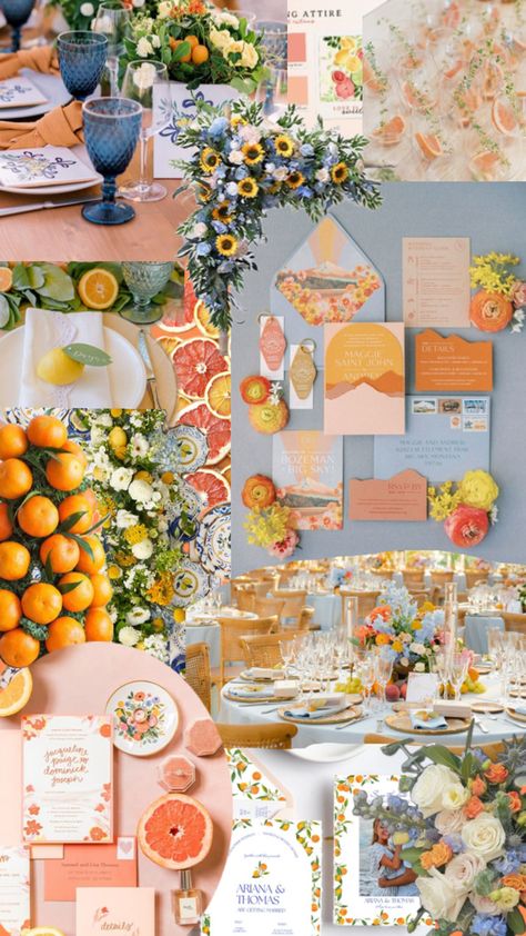 Orange Citrus Wedding, Citrus Wedding Color Palette, Orange And Blue Wedding Colors, Vintage Florida Wedding, Citrus Wedding Theme, Old Florida Wedding, Blue Yellow Weddings, Orange Wedding Themes, Small Garden Wedding