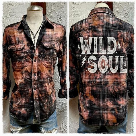 Wild Soul Hand Distressed Flannel Whiskey Wrangler does them like no-other! It's the one piece that is perfect all year long and our flannels are simply beautiful. These super soft acid washed distressed plaid flannels are simply a must have. Great for family photos. Each one is Unique and prepared just for you. One of the Hottest selling items in our store. Perfect for layering and pair with leggings and jeans. Wear oversized or true to fit. Can be worn by men or women Wild Soul Flannels There Flannel Upcycle, Ombre Flannel Shirt, Flannel Shirt Refashion, Reworked Flannel, Bleach Shirt Diy, Bleaching Clothes, Bleached Flannel Shirt, Upcycle Clothes Diy, Artsy Outfit