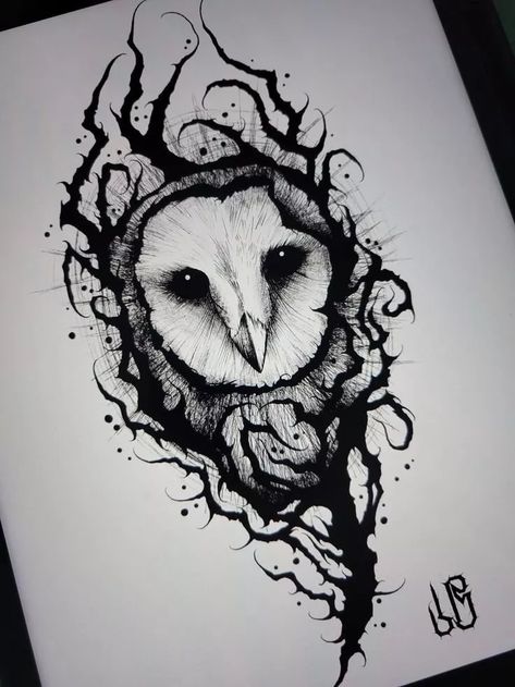 Dark Animal Tattoo Designs, Goth Owl Tattoo, Owl And Crow Tattoo, Owl Tattoo Dark, Spooky Owl Tattoo, Dark Owl Tattoo, Owl Face Tattoo, Tattoo Leg Men, Owl And Skull Tattoo