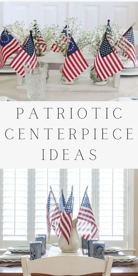 Patriotic Table Centerpieces Diy, Simple Patriotic Centerpieces, Patriotic Wedding Centerpieces, Eagle Party Decorations, Mini Flag Centerpiece, Patriotic Retirement Party Ideas, Patriotic Table Settings, Patriotic Centerpieces Elegant, 4th July Table Decorations