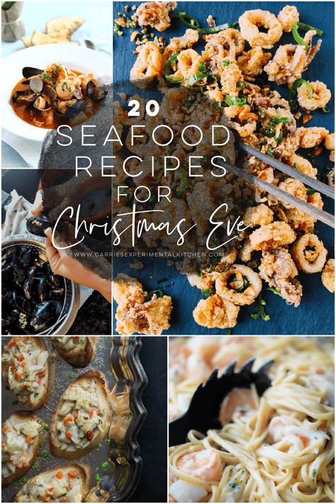 Celebrate Christmas Eve with these 20 seafood recipes including mussels, shrimp, pasta, salads, appetizers and soup! Sea Food Appetizers, Seafood Entrees Appetizers, Winter Seafood Dishes, Seafood Christmas Appetizers, Pescatarian Christmas Recipes, Seafood Tapas Recipes, Seafood Ideas For Christmas, Fish Dishes For Christmas Eve, Italian Seafood Dishes