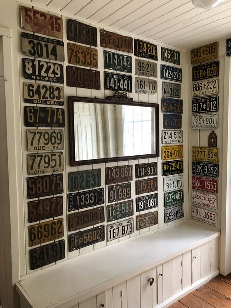 Old license plate display Antique License Plates Ideas, Display Old License Plates, Vintage License Plates Decor Wall Art, License Plate Wall Decor Ideas, License Plate On Wall, Display License Plates, Decorating With License Plates, License Plate Wall Art, License Plate Wall Ideas