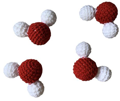 If can crochet, this is simple pattern to make a 3D model of H2O. Crochet Science Pattern Free, Science Crochet Pattern Free, Crochet Molecules, Chemistry Crochet Pattern Free, Crochet Biology Free Pattern, Chemistry Crochet, Crochet Beaker Pattern Free, Crochet Chemistry Set Free Pattern, Science Amigurumi