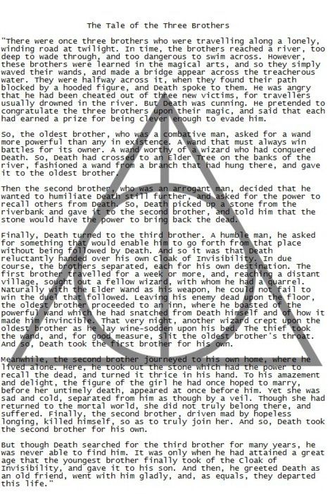 Day 10: The Hallows, of course. But the only one I really care about is the Invisibility Cloak. I wouldn't want the Elder Wand; it's more trouble than it's worth. And the Resurrection Stone doesn't really work the way people want it to... So the Cloak is what I care about, but I would definitely choose the Hallows over Horcruxes. Harry Potter Books, Tattoo Harry Potter, The Three Brothers, Harry Potter Deathly Hallows, Lord Voldemort, Harry James Potter, Three Brothers, Harry Potter Love, Harry Potter Obsession