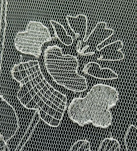 needlepoint lace flower on tulle Embroidery On Net Fabric, Limerick Lace, Embroidery Contemporary, Embroidery On Net, Embroidery On Tulle, Needlepoint Embroidery, Mesh Embroidery, Tulle Embroidery, Wool Embroidery