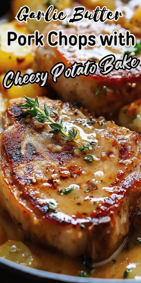 Garlic Butter Pork Chops with Cheesy Potato Bake What Goes Well With Pork Chops, Garlic Pork Chops In Creamy Mushroom, Creamy Garlic Pork Chops With Cheesy Potatoes, Best Ever Pork Chops, Pork Chop Breading Recipes, Creamy Garlic Pork Chops With Potatoes, Garlic Butter Pork Chops With Cheesy Potatoes, Pork Chops And Au Gratin Potatoes, Cheesy Pork Chops And Potatoes