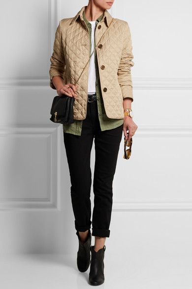 60 Fall Outfit Ideas to Steal From Net-a-Porter – Closetful of Clothes Burberry Quilted Jacket Outfit, Burberry Jacket Outfit, Quilted Jacket Outfit, Long Black Vest, Burberry Quilted Jacket, Rolled Jeans, Boho Print Dress, Black Poncho, Brown Moto Jacket