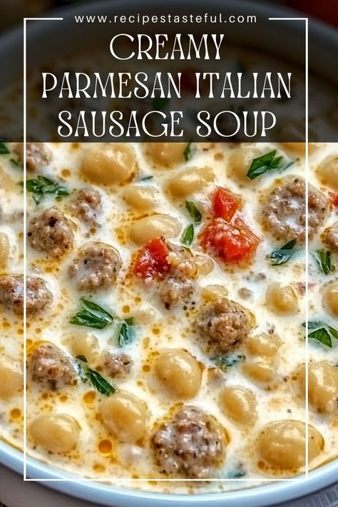 A hearty and creamy soup featuring savory Italian sausage, tender pasta, and rich Parmesan cheese, perfect for cozy dinners and chilly nights. Sausage Soup Crockpot, Chicken Parmesan Soup Recipe, Crockpot Italian Sausage, Creamy Sausage Pasta, Easy Crockpot Soup, Stew Recipes Crockpot, Crockpot Chicken Parmesan, Italian Soup Recipes, Quick Soup Recipes