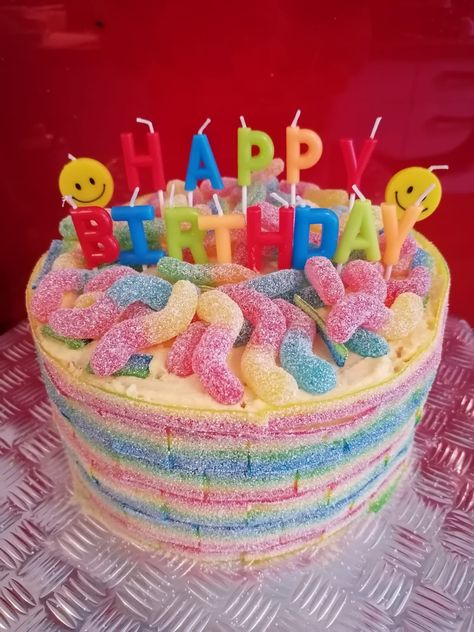 Cake With Gummies, Gummy Worm Cake Birthday, Gummy Cake Birthdays, Sour Candy Cake, Gummy Worm Cake, Sour Cake, Custard Frosting, Gummy Bear Cakes, Worm Cake