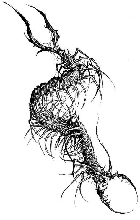 Goth Scorpion Tattoo, Centepide Tattoo Design, Creepy Centipede Tattoo, Centepide Tattoo Drawing, Chernabog Tattoo, Centipede Sketch, Centipede Drawing Tattoo, Centapeid Tattoo Design, Kaneki Centipede Tattoo